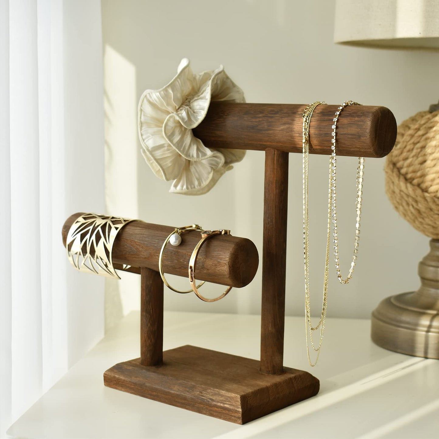 Ikee Design 2 Tier Wooden Jewelry Bracelet Watch Display Tower, Bangle Scrunchie Necklace Holder Storage Stand, 7.9 W x 4.3 D x 9.4 H in, Brown Color