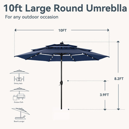 GREEN PARTY 10ft Patio Umbrella with Solar Lights, Auto-Tilt Lighted Market Table Umbrellas with Crank, 8 Sturdy Ribs & 1.5" Pole outdoor umbrellas for Patio Garden Deck Backyard Pool, Navy Blue
