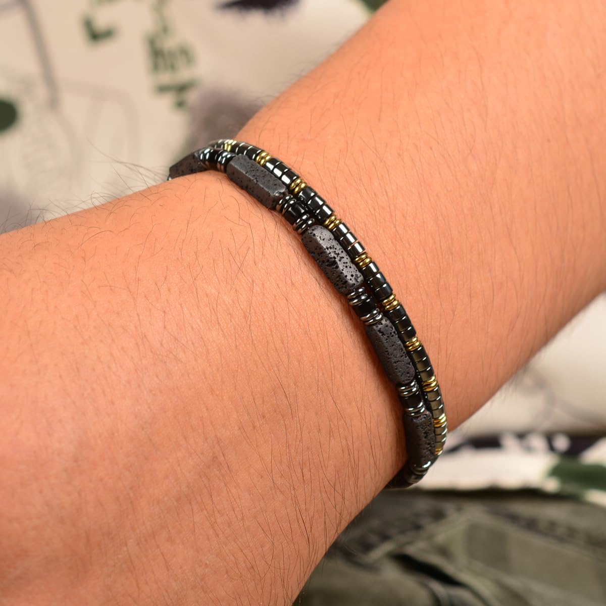 Casvia Handmade Obsidian Hematite Bracelet for Men, Stainless Steel Beaded Bracelet, Adjustable & Easy Wear, Chakra Protection Jewelry Gift for Father, Boyfriend, Husband