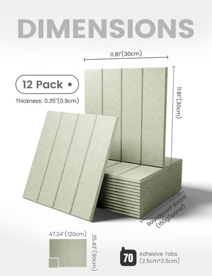 Fluxynara Felt Bulletin Board Tiles Large 48" x 36" Cork Board Alternative-12 Pack with 70 Adhesive Tabs, Thick Slat Wall Panels for Office Decor, Push Pin Board Wall Organizer Alternative-Sage Green