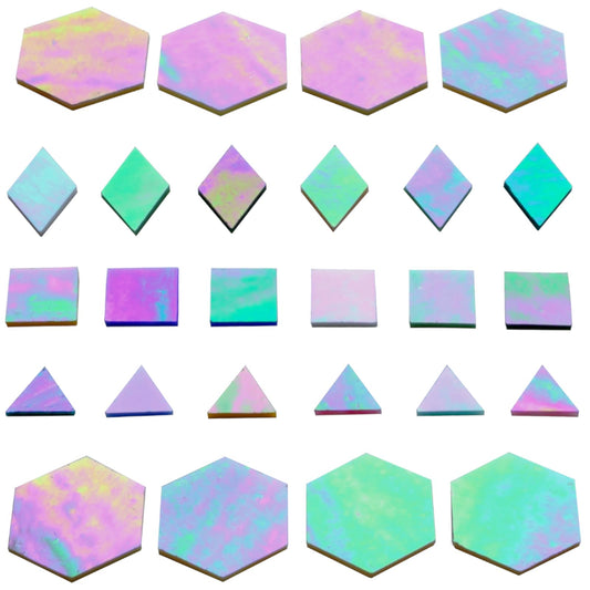 100pcs Mixed Colors Iridescent Glass Mosaic Tiles - 1 Inch Edge Length Mixed Shapes (Triangle, Diamond, Square, Hexagon) for DIY Crafts, Home Decor