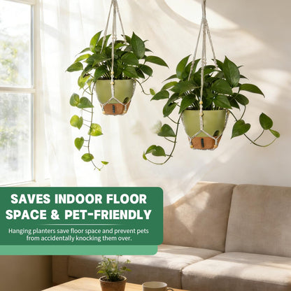 YUNLINGAA Self-Watering Hanging Planters for Indoor Plants Set 2-Piece Includes Plant Hanging Pot, Drainage-Hole Hanging Pot, and Hanging Basket Rack (10 Inches, Green)