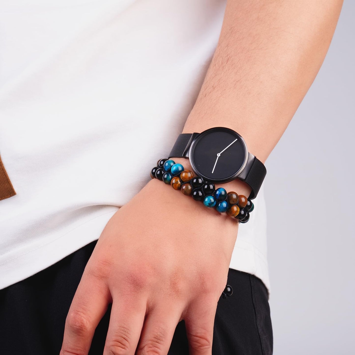 PAKUNDAS Handmade Triple Protection Bracelet,Bracelets for Men Natural Tiger Eye Jewelry Stone Hematite and Blue Stone Hematite 8mm Crystal Bracelet - Adjustable Size with Premium Gift-Box