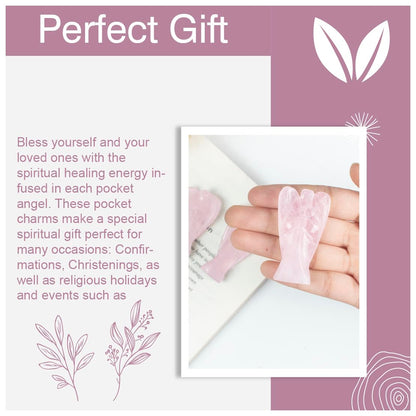 Crocon Rose Quartz Gemstone Guardian Angel Healing Figurine, Hand Carved Pocket Angel - Crystals for Positive Energy, Handmade Mini Statue for Love, Peace & Healing, Natural Gemstone Healing Figurine