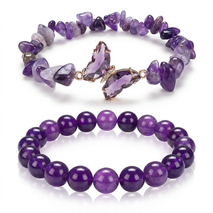 BELLA-Bee Natural Amethyst Healing Stone Bracelet Set for Women, Anxiety Relief Crystal Beaded Layered Bracelet with Butterfly Charm, Calming Spiritual Jewelry Gifts (Purple)