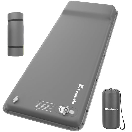Feelnais Self Inflating Sleeping Pad, Memory Foam Camping Pad with Foot Pump, Memory Foam Mattress with Pillow, 4 Season Camping Mattress Pad, Camping Essentials Gear for Tent/Car/Camp - Grey