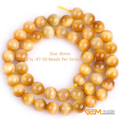 GEM-Inside 8mm Gold Blue Tiger Eye Gemstone Loose Beads Dyed Color Round Crystal Energy Stone Power for Jewelry Making 15"