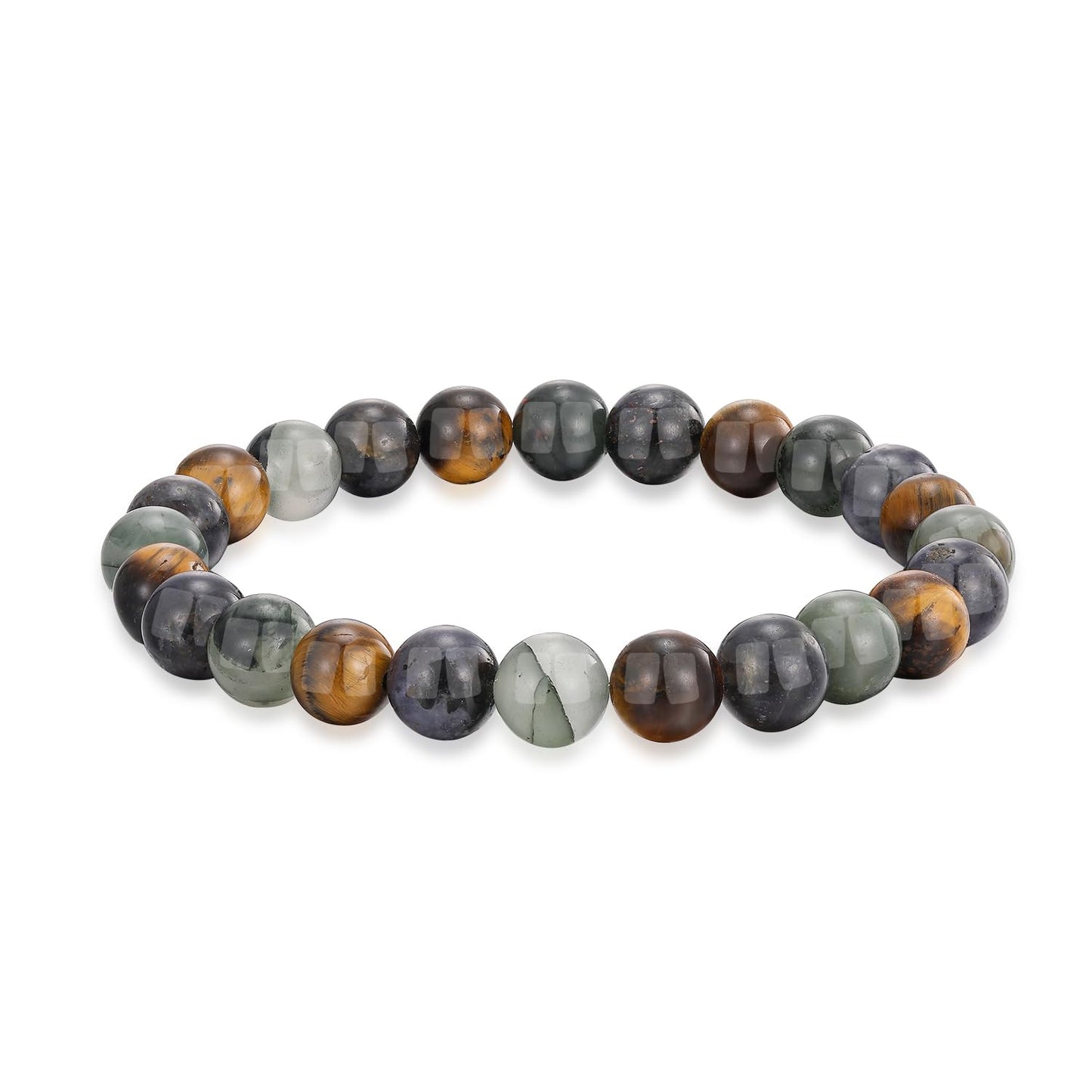 Crystal Vibe Triple Protection Bracelet - Tiger's Eye - Bloodstone - Iolite - Natural Gemstone Healing Bracelet - 8mm Beaded Bracelet for Protection Balance - Elastic Adjustable Size