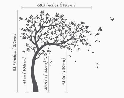 Large Tree Wall Decals Nursery Leaning Tree Stickers with Birds Wall Art Mural Vinyl Decor KW032 (Leaning Right, White)