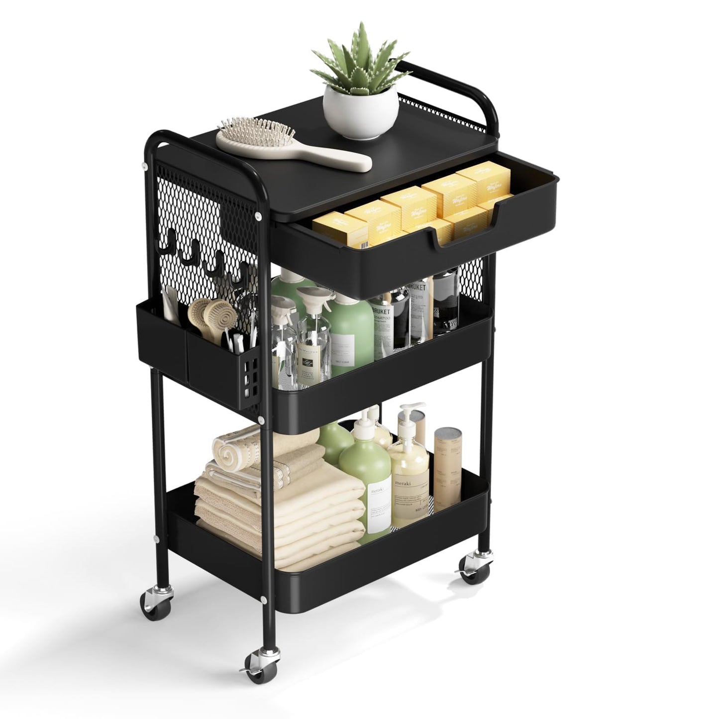 HIDODO 3 Tier Rolling Cart with Drawer, Metal Rolling Utility Cart on Wheels with Pegboard, Art Cart Storage Organizer with Tabletop for Living Room, Office, Bedroom (Black)