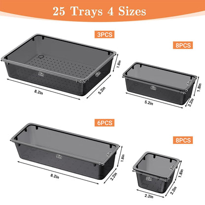 SpaceHacks 25 PCS Plastic Drawer Organizer Set, 4-Size Versatile Organizer Trays & storage Bins for Makeup, Jewelry, and Gadgets in Bathroom, Bedroom and Office,Clear Black