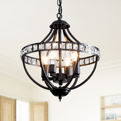 Lanpesting Crystal Chandelier Light Fixtures, 4-Lights Farmhouse Rustic Vintage Black Pendant Hanging Lighting Ceiling Chandeliers for Kitchen Island Dining Room Living Room Bedroom Foyer Hallway
