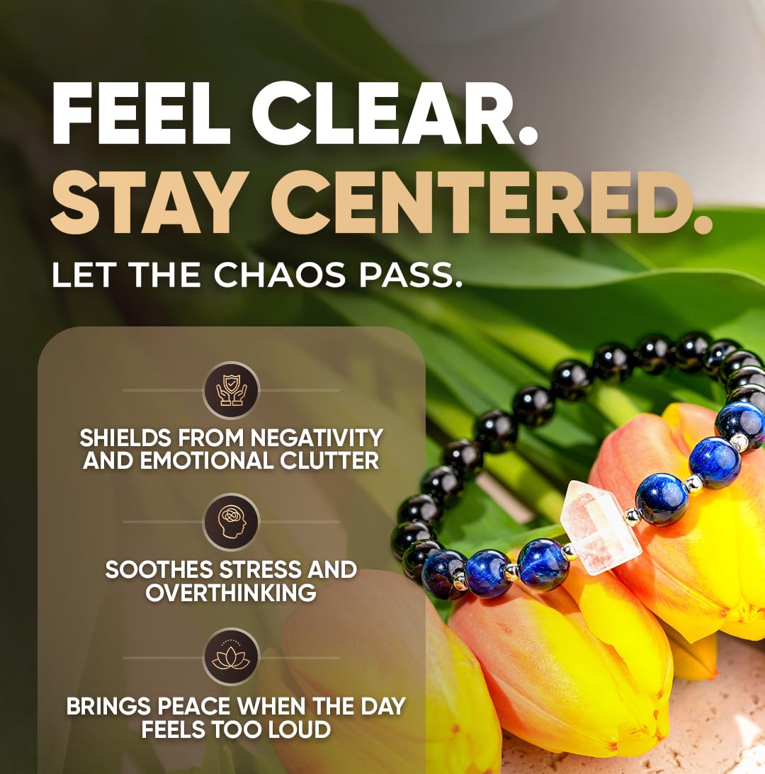 Conscious Items Negativity Bracelet for Women & Men, Blue Tiger’s Eye, Clear Crystal Quartz, & Black Obsidian Bracelet for Grounding & Energy Protection