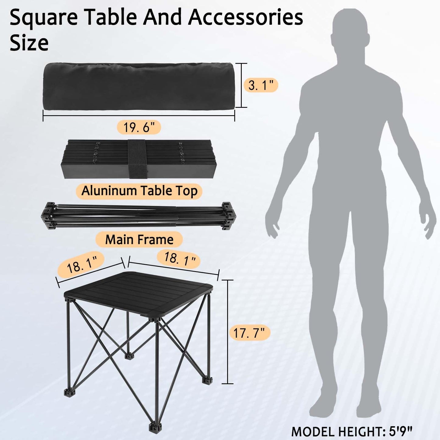 Tesouro Folding Camping Square Table with Carry Bag, Lightweight Aluminum Square Table for Outdoor, Camping, Picnic, Backyards, BBQ (Black-Small)