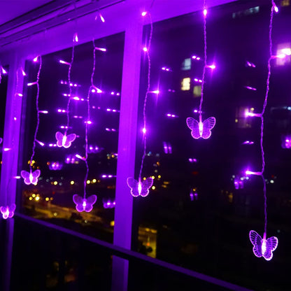 Purple Butterfly Curtain Fairy Lights USB Plug in,120 LED 8 Modes 20FT Firefly Twinkle Icicle String Lights with Remote Timer Waterproof for Halloween Bedroom Christmas Wedding Party Dorm