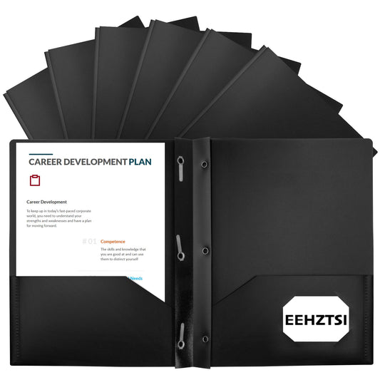 EEHZTSI 12-Pack Plastic Folders with Pockets and Prongs, 2-Pocket Poly Folders with 3 Fasteners Hold 8-1/2" x 11" Paper for School/Office/Home, Black