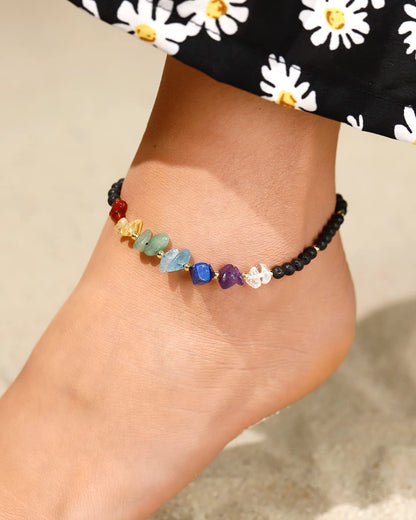 Jewever 7 Chakra Chip Tumbled Real Stone Beaded Anklet Bracelet for Women Power Energy Healing Crsyatls and Gemstones Beach Foot Adjustable (Lava Stone)