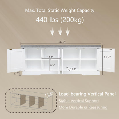 DINZI LVJ Shoe Bench, Entryway Storage Bench with Doors, Cushion, 2-Tier Shoe Rack with 8-Cubby, 47.2”L x 13.8”W Shoe Organizer Cabinet, Adjustable Shelf, Living Room, Bedroom, White