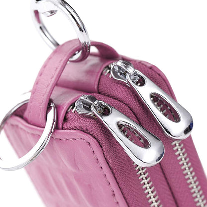 BAKUN Two-Sides Mini Genuine Leather Car Key Chain Holder Wallet Case, Key Holder Key Organizer Wallet(Light Pink)