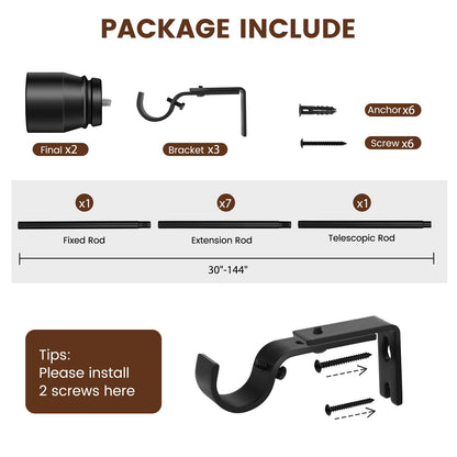 1” Diameter Curtain Rods Itself is 30 to 144 inch 1 Pack Fit 30-142 inch, 66 to 120 inch Window with Heavy Duty Adjustable Rod Matte Black Splicing Metal Extra Long Curtain Rod for Windows