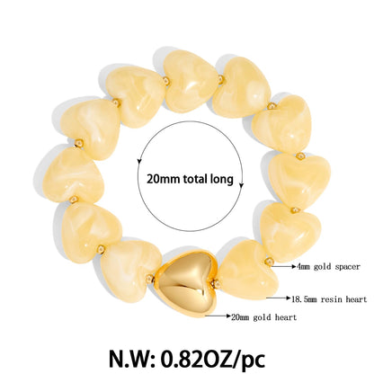FAUTHENTICUTE Chunky White Beaded Bracelet for Women Heart-shaped Acrylic Resin Bead Bracelet With A Puffy Gold Heart Cute Boho Stretch Bracelets For Summer/Holiday/Vacation