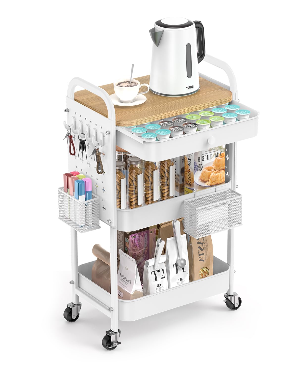 ALVOROG Rolling Cart with Drawer and Wood Table Top, 3 Tier Metal Rolling Utility Cart on Wheels with DIY Pegboards, Hanging Baskets, Hooks for Kitchen, Bedroom, Office, Craft Supplies