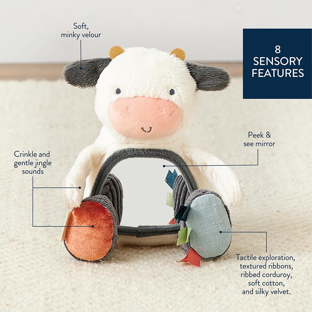 Itzy Ritzy Sensory Tummy Time Toy Mirror - Features Crinkle & Jingle Sounds, Multiple Textures and Mirror for Self-Discovery, Infant Toy for Ages 0 Months and Up, Cow