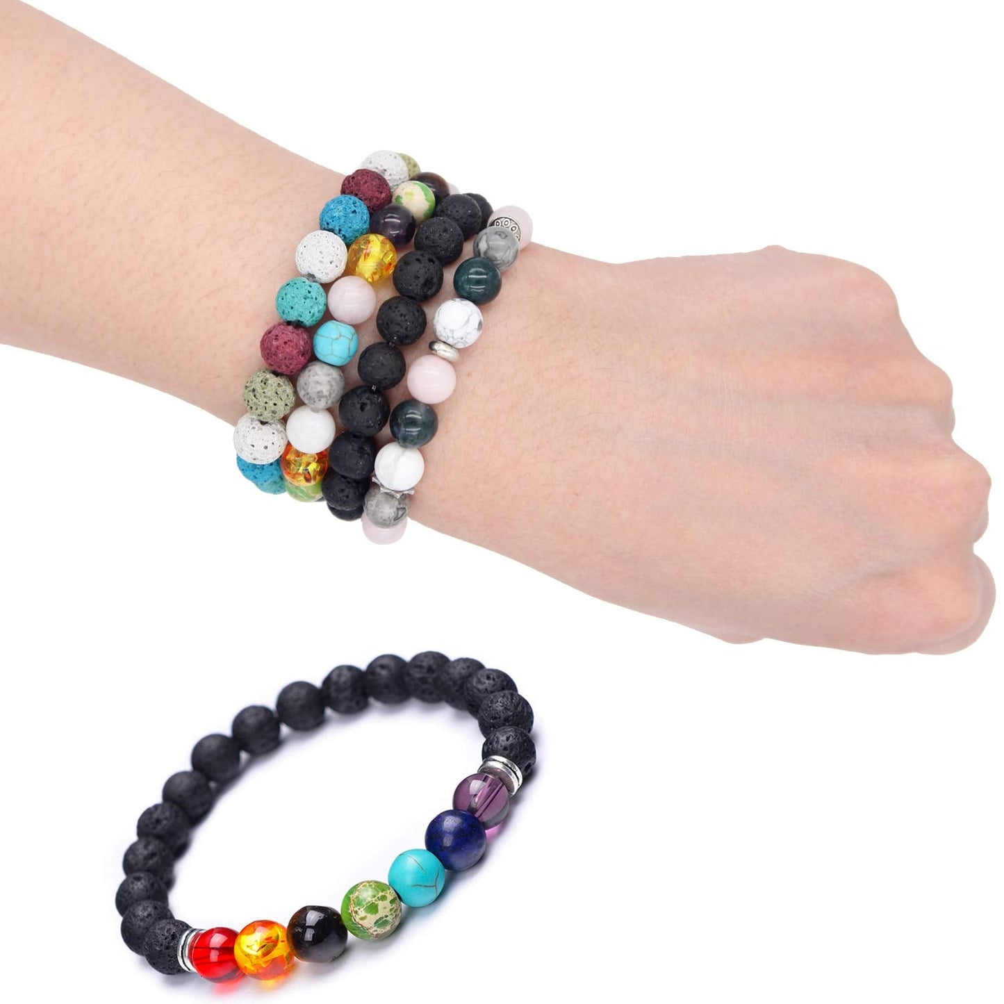 EuTengHao 602Pcs Lava Beads Stone Kits with 8mm Chakra Beads and Spacers Beads Bracelet Elastic String for Diffuse Essential Oils Adult DIY Jewelry Making Supplies