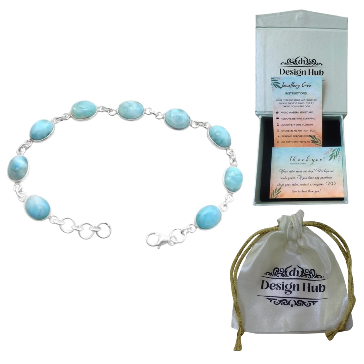 DESIGN HUB Larimar Bracelet 925 Sterling Silver | Handmade Oval Gemstone Bracelet for Women & Men | Adjustable 7-8 Inch Ocean Blue Jewelry | Unisex Artisan Gift | Women Gift for Her