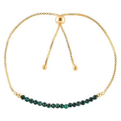 QNAVIC Natural Green Malachite Gemstone Micro Beaded Dainty Slider Bolo Bracelet, Handmade Jewelry for women, Healing Chakra Crystals Birthstone Gift for Her, 14K Gold Plated Chain 6-9 inch
