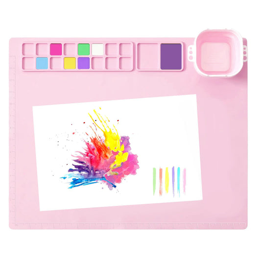 MEKOTRIN Silicone Painting Mat, 20"X16" Art Mat with Cup and Palettes, Silicone Craft Mat has 16 Color Dividers, Paint Mat for Artist Clay DIY Creations(Pink)