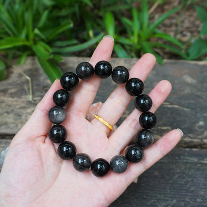 TaHLga 12mm Silver Obsidian Crystal Bracelet for Men Women | Natural Root & Third Eye Chakra Stone | Protection & Intuition | Fits for Large Wrist 8-8.5" | Come with Box & Pouch