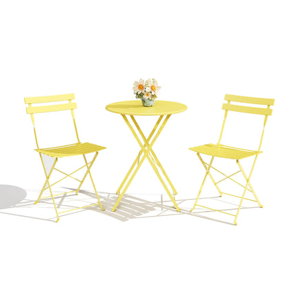 3-Piece Folding Bistro Set, Outdoor Patio Furniture Set with 2 Chairs & 1 Table, Space-Saving Foldable Balcony Garden Set with Heavy-Duty Powder-Coated Steel Frame, No Assembly Required, Yellow