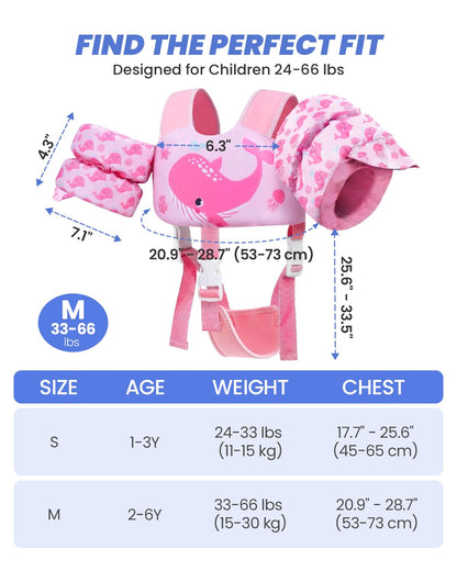 Gogokids 2-in-1 Toddler Swim Vest Pool Floaties for Kids[CPC Certified & Remove Crotch Strap]Puddle Float Jumper 24-66 Pounds, Toddler Arm Floaties Swim Jacket Water Wings for kids Boys Girls Swimmies