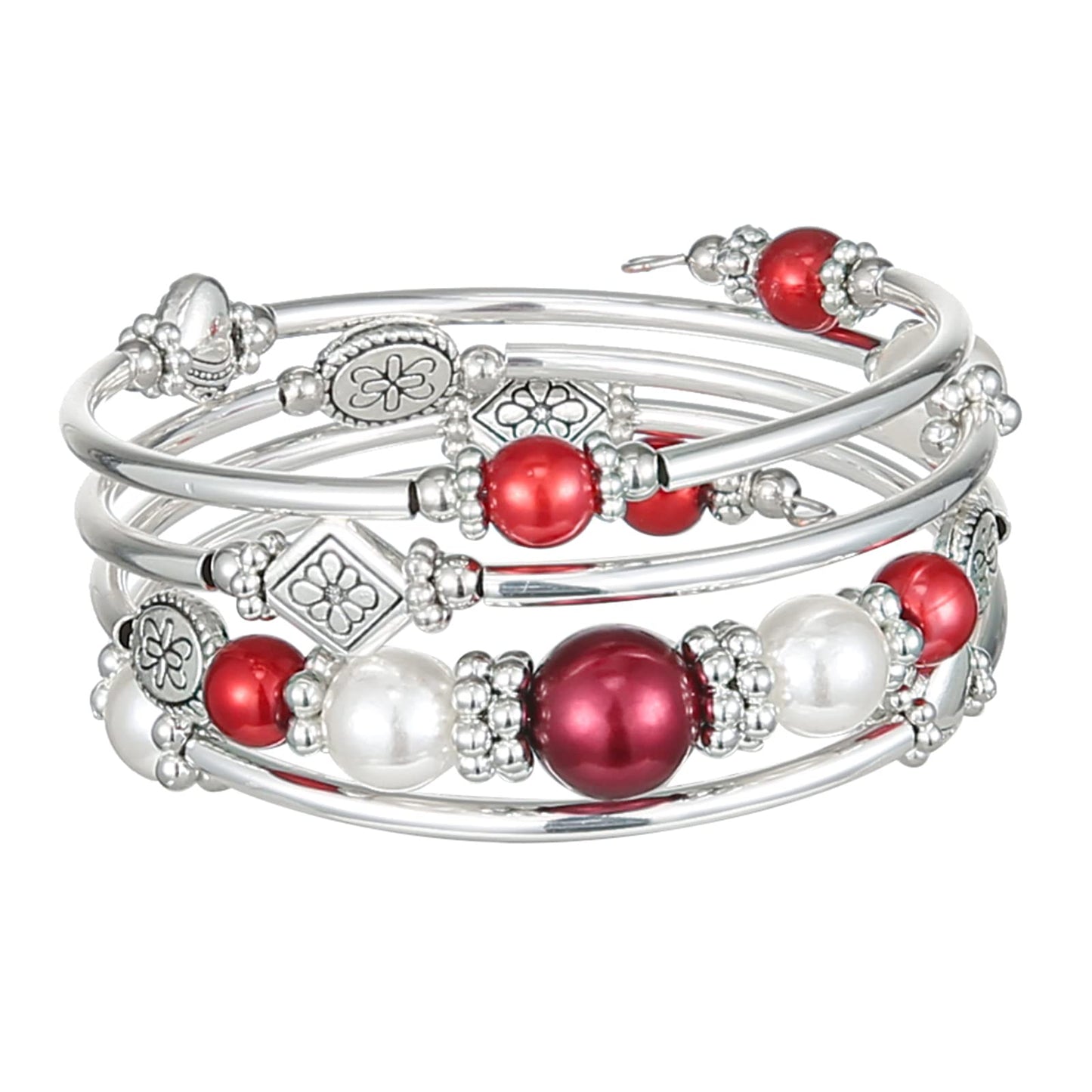 FULU AUTUMN Beaded Pearl Bangle Bracelets for Women Silver Wrap Bangles Bracelet Womens Costume Jewelry Fashion Gift(18-Red)