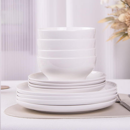 Anveena Dinnerware Set for 4, 12 Piece Plates and Bowls Set, White Porcelain Dish Set Microwave Safe Dishwasher Safe Chip Resistant for Everyday Dining