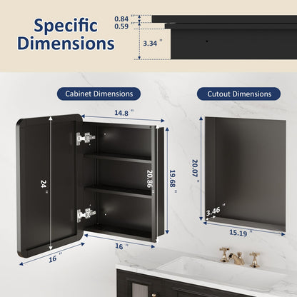 Yunnshee Yursa Medicine Cabinet Mirror 16x24 Inch, Black Bathroom Mirror Cabinet with Stepless Adjustable Shelves, Rounded Rectangle Metal Framed, Bathroom Mirror with Storage Recessed or Wall Mount