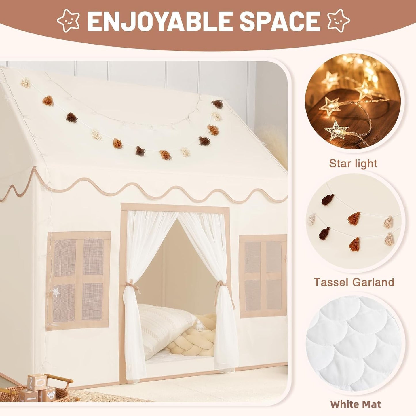 Senodeer Kids Play Tent Indoor: with Mat, Tassel Garland, Star Lights - Girl Tent Indoor Playhouse for Kids Toys for Boy Girl Birthday Gift