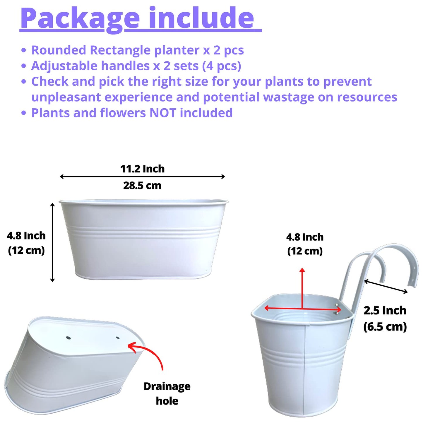 LaLaGreen Rail Planters for Outdoor (2 Pack, 11.2 Inch) White Metal Iron Hanging Flower Pots, Strawberry Planter Deck Railing Fence Bucket Wall Mount Window Box Plant Holder with Hooks Porch Decor