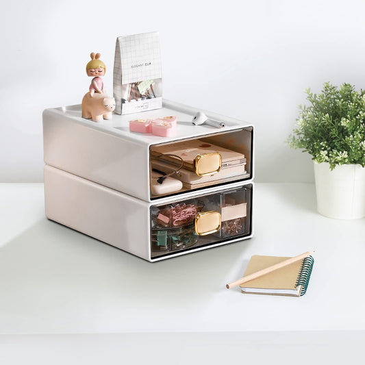 DETEIN 2 PACK Stackable Desk Organizer Stackable Storage Drawer Small Desk Organizer with Drawer Plastic Desktop Storage Organizer for Home, Office, Crafts, Pencils (White, M-1 Drawer, Pack of 2)