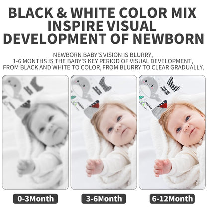 Baby Hanging Rattle Toys, Black and White High Contrast Baby Toys, Stroller Mobile Toy with Soft Plush Animal Rattles and Soothing Sounds, 4 Pack (Animal)