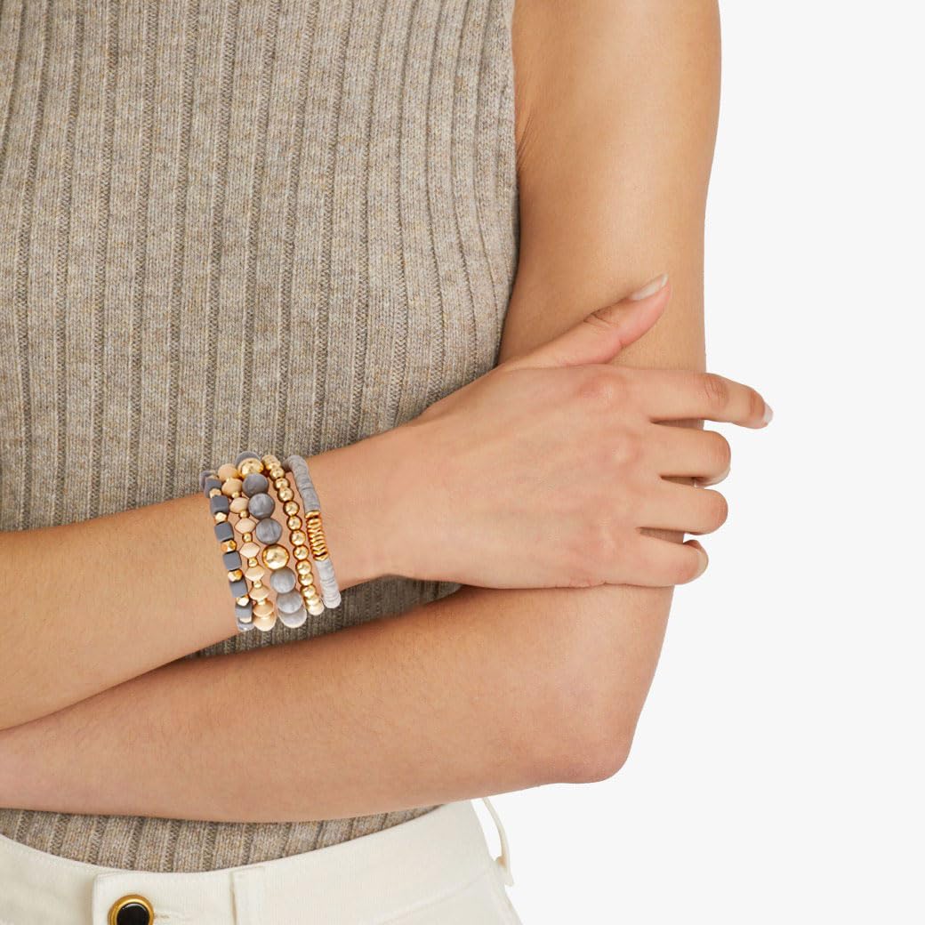 Aigrnc Boho Beaded Stretch Bracelets For Women Stackable Crystal Gold Plated Beaded Bracelets Set Trendy Handmade Friendship Braeclet Jewelry Gifts(F-Wooden bead set)
