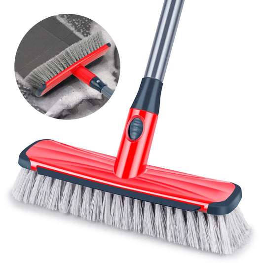 Floor Scrubber with Long Handle, 2 in 1 Scrubbing Brush Stiff Bristle Shower Cleaning Brush for Bathroom, Kitchen, Tub, Carpet, Grout, Tile(Red)