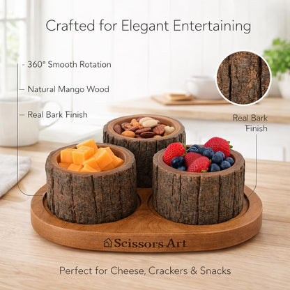 Scissors Art Wooden Dry Fruit Serving Set – 360° Rotating Divided Snack Organizer | Fruit & Veggie Platter for Party, Candy, Appetizer & Condiment Serving Bowls (3 Bowl Set)