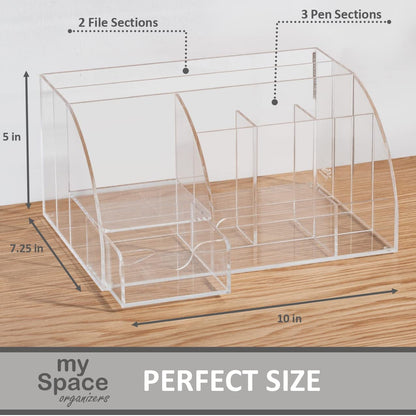 My Space Organizers Clear Acrylic Desk Oganizer, 9 Compartments, Office Supplies and Desk Accessories Organizer, Home Decor Desktop Organizer (Clear)