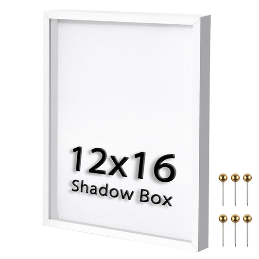 12x16 Large Shadow Box Frame | Soft Linen Back & Push Pins Included, Polystyrene Glass Memory Display Case for Flowers, Tickets & Cherished 3D Items, White