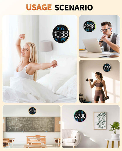 GLOKUUCA 10 Inch Large Digital Wall Clock with 9 Color Changing Remote Control, Date Week Temperature, Auto Brightness Dimmer Big Clock with Night Lights,Blue