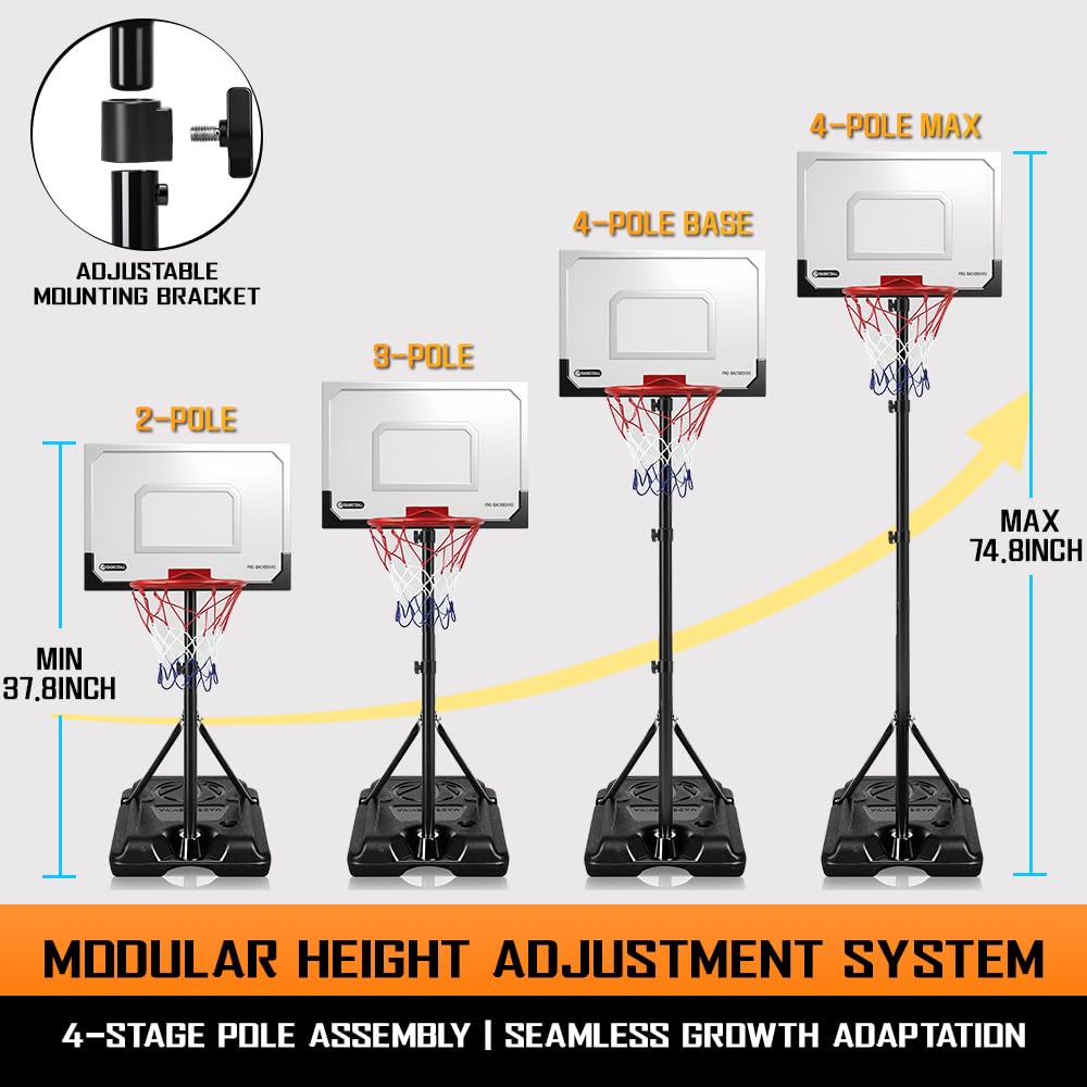 Kids Portable Basketball Hoop, Adjustable Height 38-75in/3.2-6.2FT Tall Toddler Basketball Toy, Fillable Base, Indoor Outdoor Backyard Pool Sport Game Gift for Boy Girl Ages 3 4 5 6 7 8 Years Old