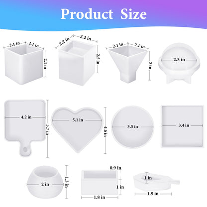 KISREL Resin Molds Kit 12PCS, Epoxy Resin Silicone Molds, Resin Mold Including Cube, Pen Container, Pyramid, Tray, Love, Round, Square, Ball, Flowerpot, Cuboid, Crystal