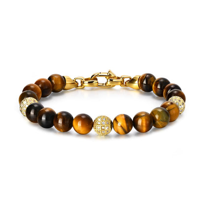 Gifts for Men-Tiger's Eye Stone Beaded Bracelet,Real 8mm Natural Gemstone Chain Beads Bracelets with Stainless Steel Clasp,Designer Jewelry Gift for Boyfriend Husband Son,Birthday Anniversary,8.25''